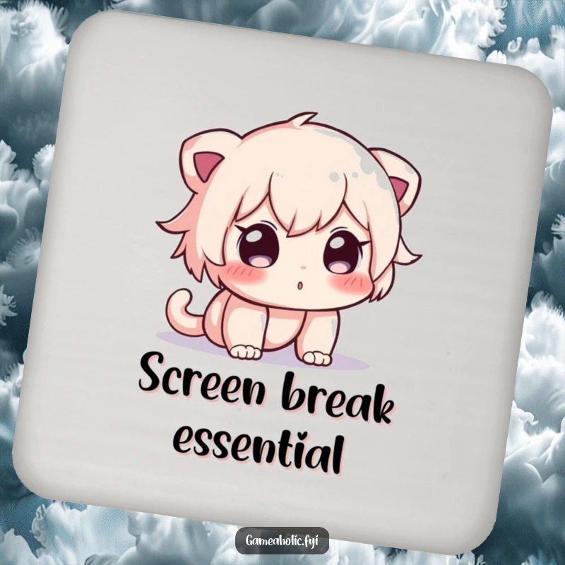 Funny drink coaster depicting a curious character peeking into a bright, glowing digital screen, a humorous accessory.