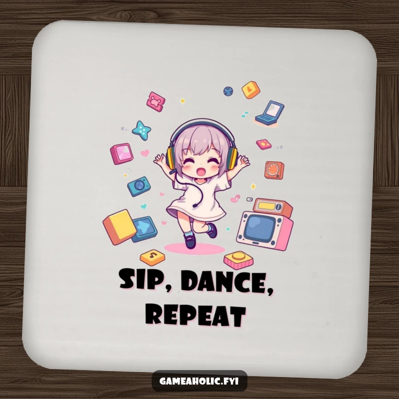 Funny Drink Coaster with a dancing character, headphones, and game icons, adding a humorous touch to drink protection.