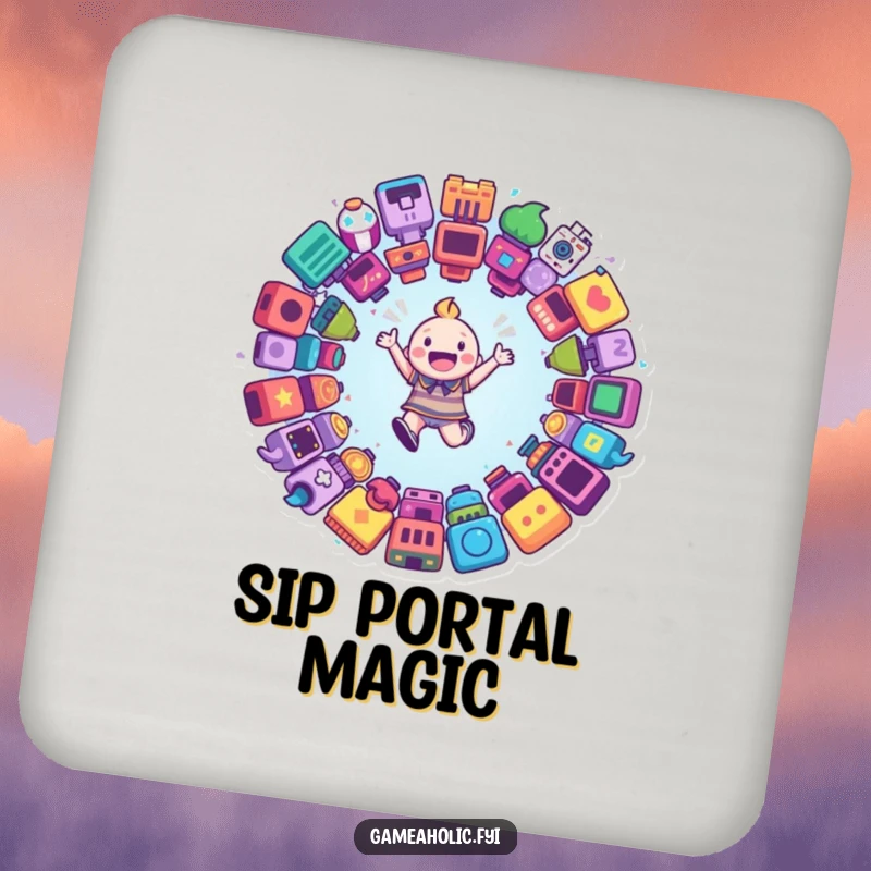 Funny drink coaster with a happy character leaping into a portal of game icons, offering surface protection with gamer flair.