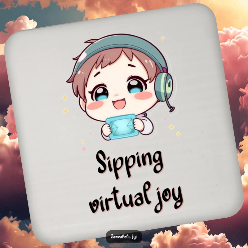 Funny drink coaster featuring a character delightedly gazing at a flashing virtual world, protecting surfaces with style.