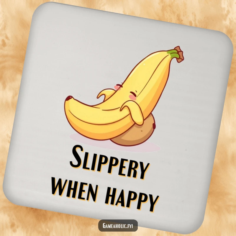 Funny drink coaster showing a smiling banana peel tripping a drowsy, rolling potato, adding slapstick to your table.