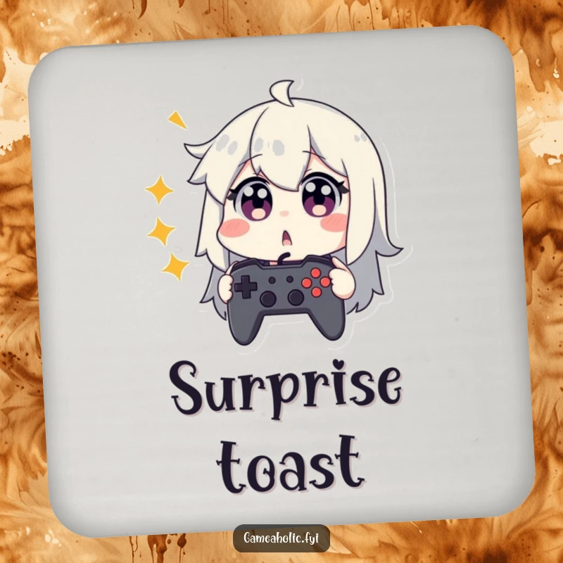 Funny drink coaster with a character looking surprised, eyes wide, clutching a game controller.