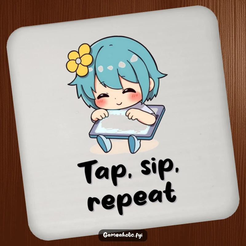 Funny Drink Coaster with a character rapidly tapping a luminous tablet screen, adding a humorous touch to beverage placement.