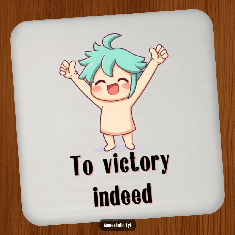 Funny Drink Coaster with a character performing a joyful victory dance with arms raised high, symbolizing celebration.