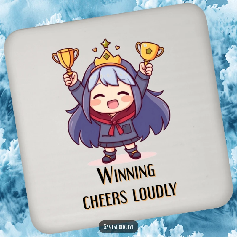 Funny Drink Coaster featuring a character holding a tiny trophy, providing a funny and practical surface protector.