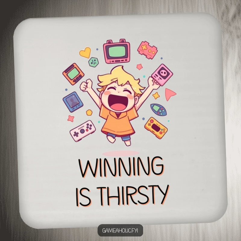 Funny drink coaster with a character cheering wildly surrounded by floating game icons, adding a humorous touch to tabletops.
