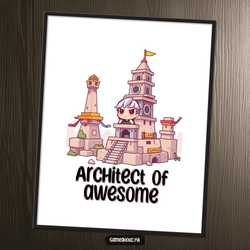 Funny Poster: A gamer with deep concentration building an impressive tower in a game world, ideal funny gift for gamers' decor.