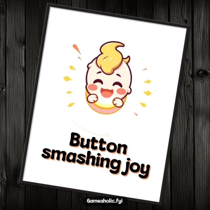 Cute character smiling while smashing a glowing button, conveying pure excitement and fun, on a decorative poster.