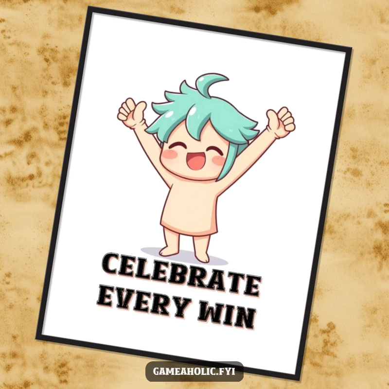 Funny Poster of a character performing an exuberant victory dance with arms triumphantly raised, celebrating ultimate success.