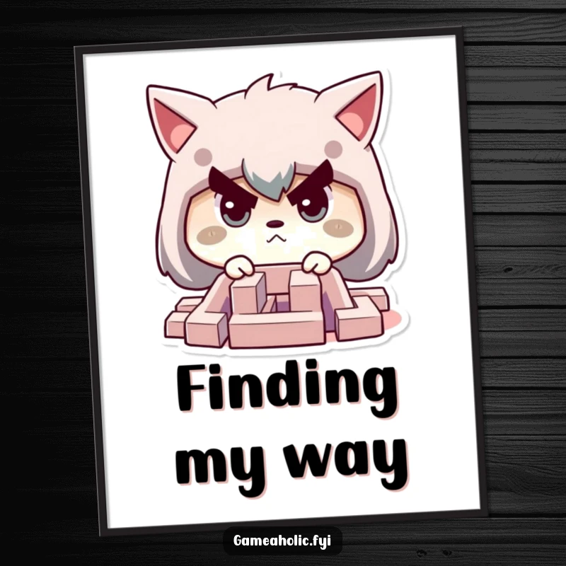 Funny poster of a character with a determined face, meticulously concentrating on solving a small, difficult maze.