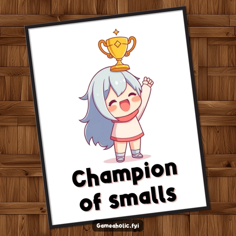 Funny poster of a character joyfully holding up a tiny, golden trophy, celebrating accomplishment and dedication.