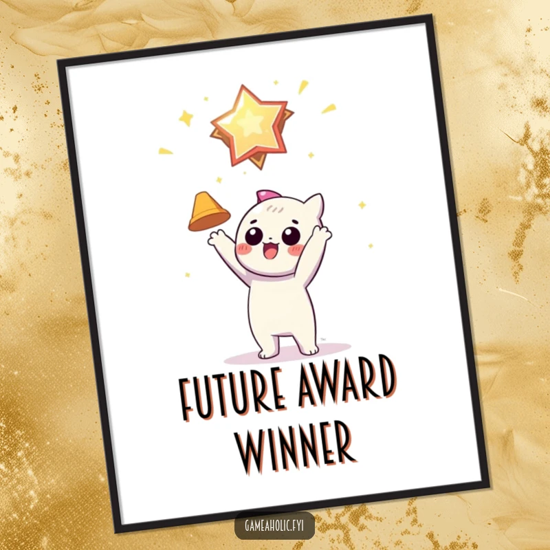 Funny poster art of a character eagerly stretching towards a shiny, hovering virtual award, symbolizing ambition and reward.