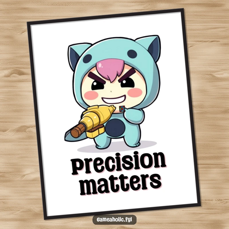 Funny archer poster print of a determined character aiming a miniature pixelated target, perfect for inspiring focus.