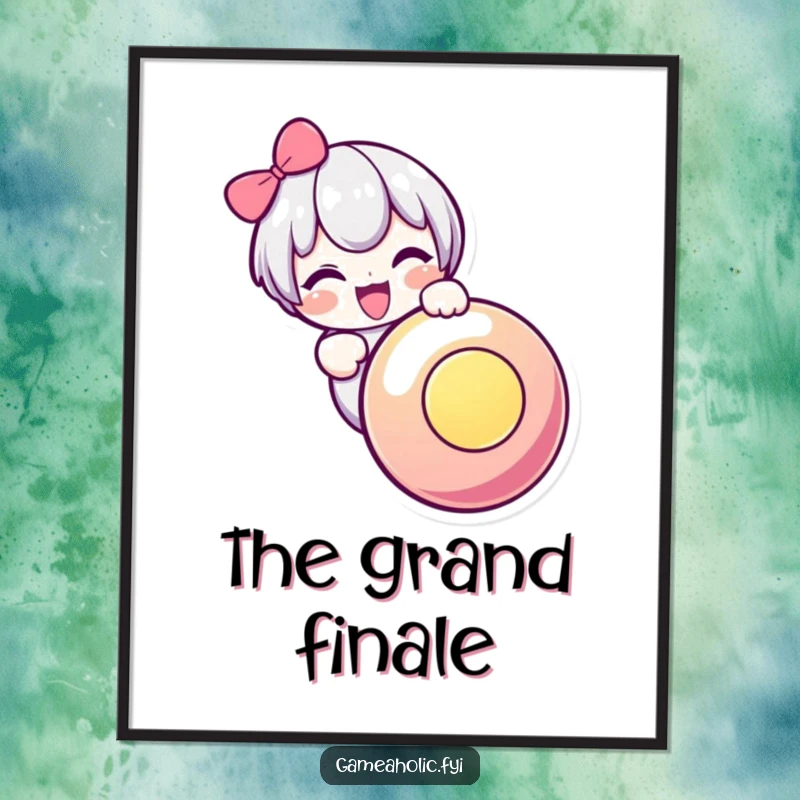 Funny poster of a cute character excitedly mashing a huge, glowing button, capturing the essence of gamer anticipation and fun.