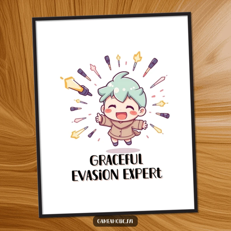 Funny poster art illustrating a character dodging a shower of digital projectiles with a wide, happy grin, perfect for gamer decor.