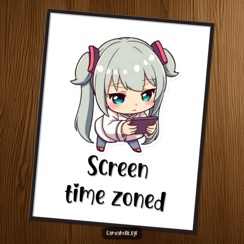 Funny Engrossed Gamer Poster: Wall art featuring a character leaning forward intently, completely engrossed in playing a handheld electronic device.