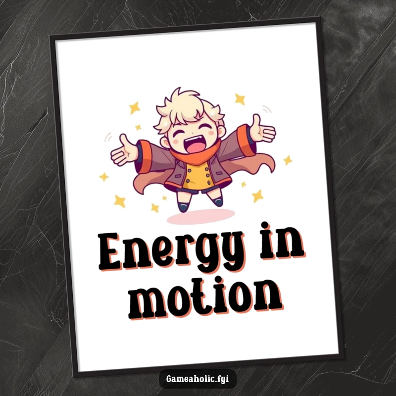 Funny poster art of a character spinning with arms outstretched, radiating pure, uncontainable gaming energy and happiness.