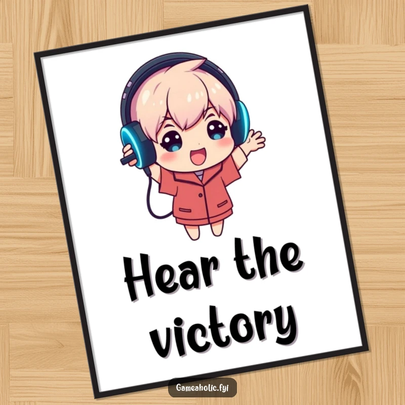 Funny poster art of an enthusiastic gamer character holding aloft a glowing gaming headset, celebrating immersive audio experiences.