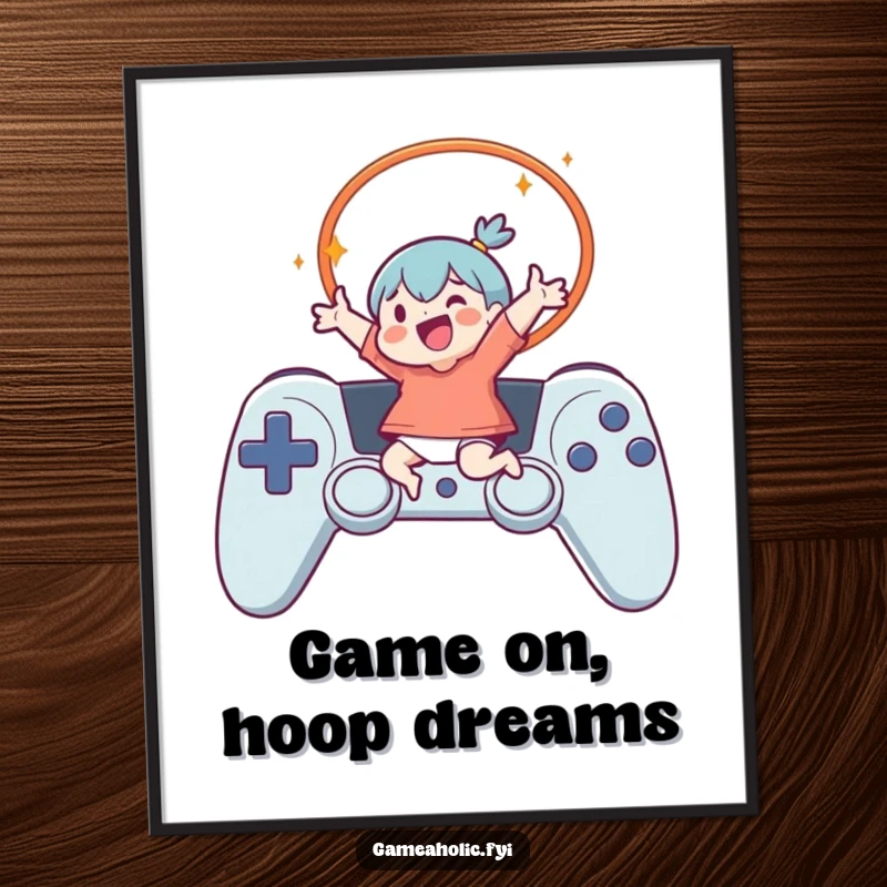 Funny Poster of a character exuberantly leaping through a controller-shaped hoop, bringing dynamic gaming joy and humor to any wall.
