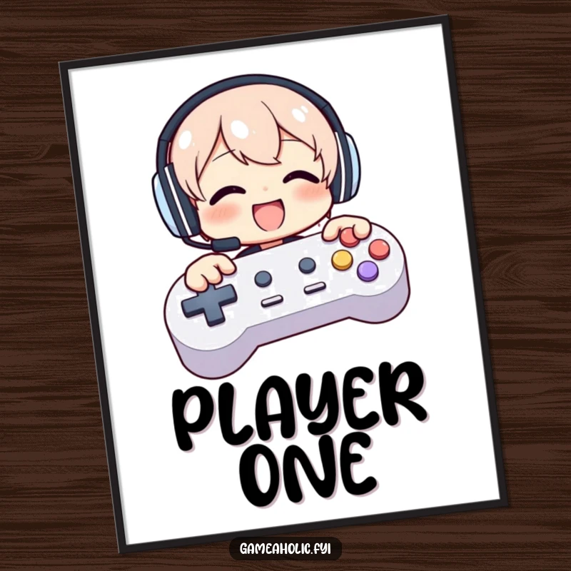 Funny poster showing a character in headphones, gleefully mashing giant controller buttons, celebrating gaming immersion.