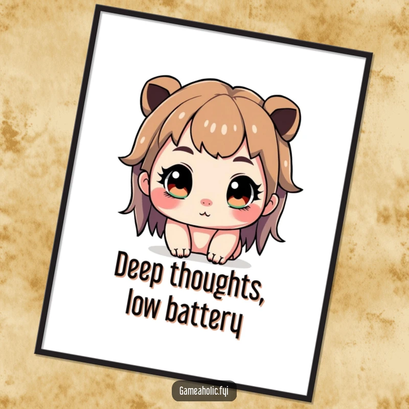 Funny poster of a cute character with wide, sparkling eyes, deeply focused and determined, embodying the gamer's concentration.