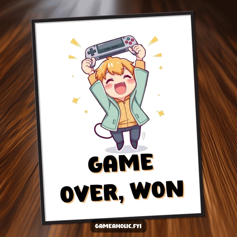 Funny poster of a character excitedly throwing a gamepad in the air with pure, unadulterated joy.