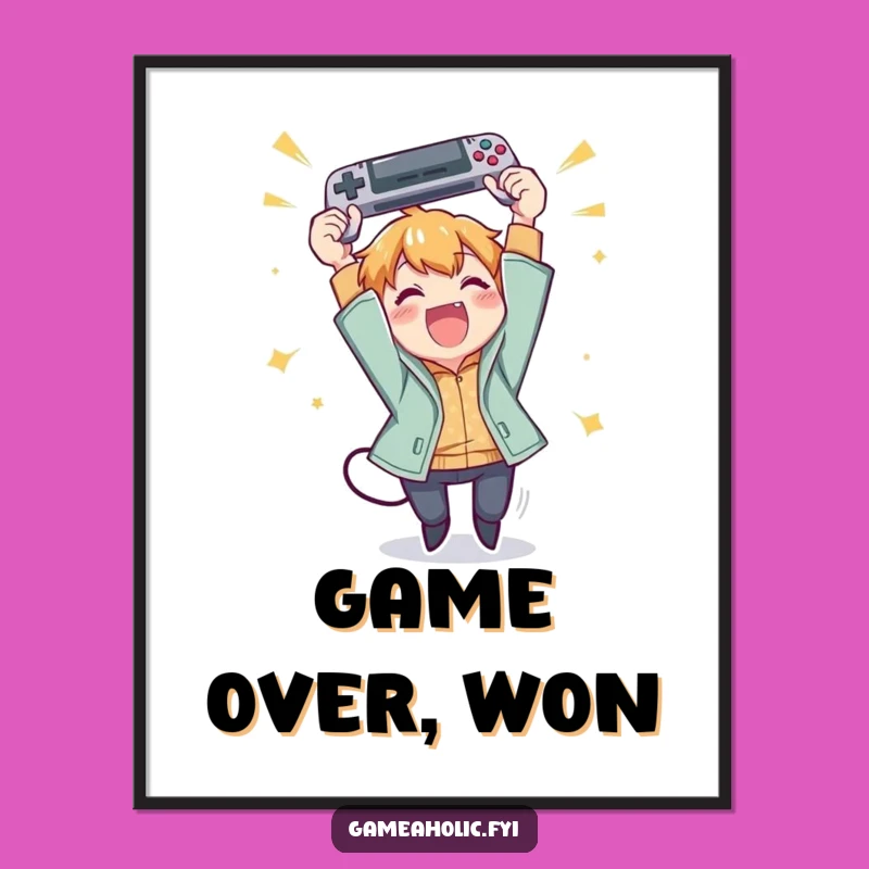 Funny Gamer Victory Poster: Joyful Character Tosses Gamepad, Quirky Decor