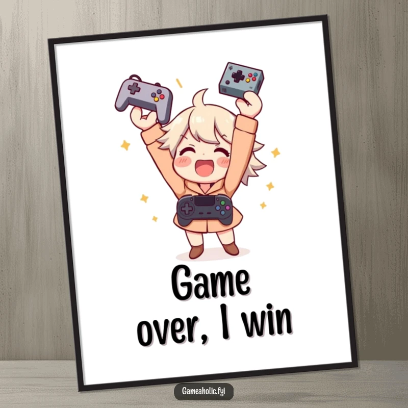 Funny poster art of a gamer character exultantly throwing a controller into the air, smiling widely in a moment of pure triumph.