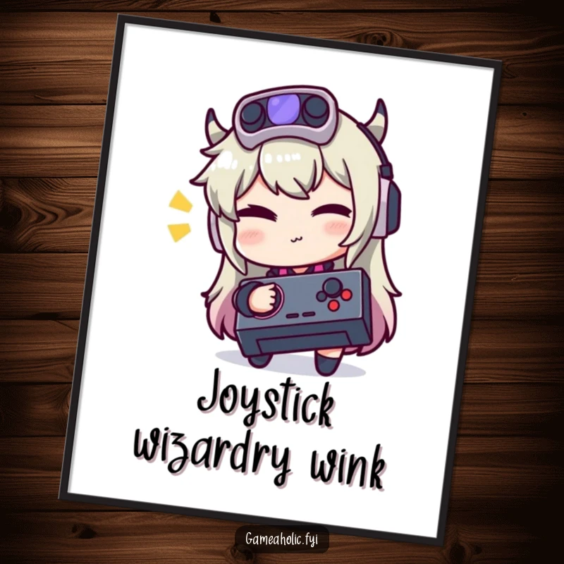 Funny poster art of a gamer character giving a playful wink while holding a joystick.