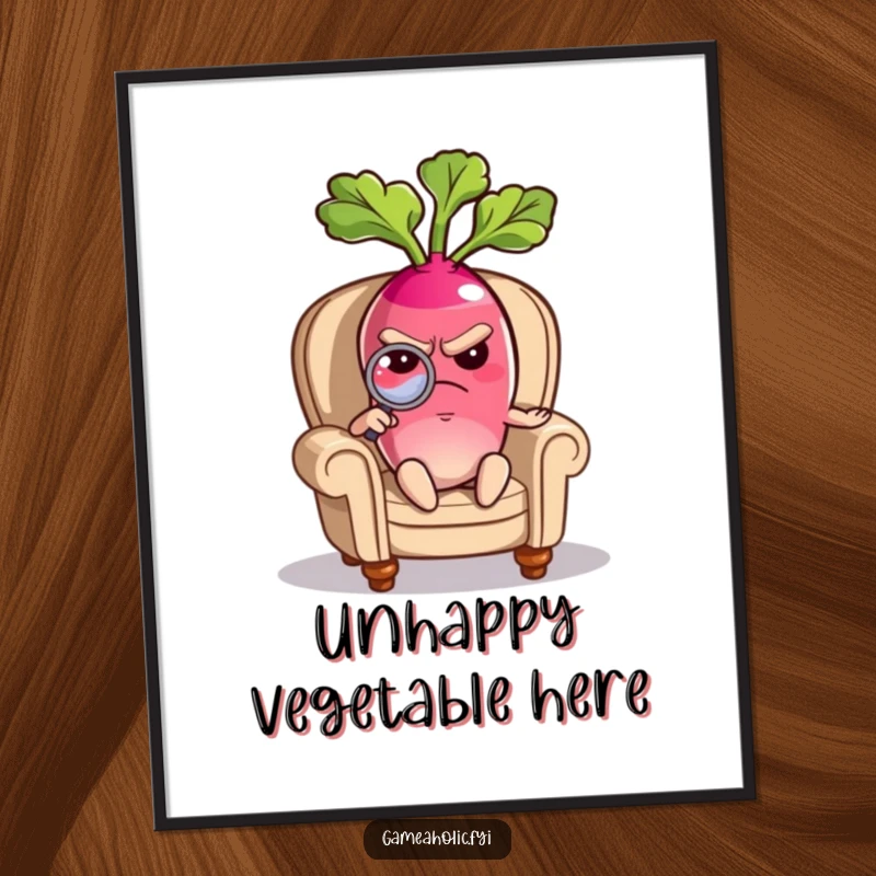 Funny poster featuring a grumpy radish seated in a miniature armchair, closely inspecting something with a magnifying glass.