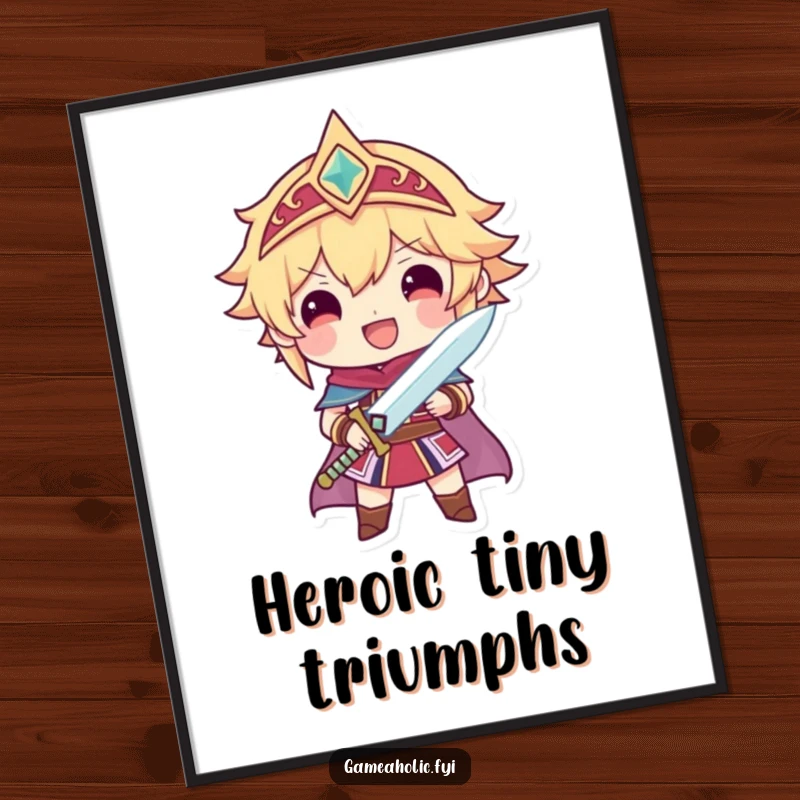 Funny poster of a proud character holding a small, sparkling sword, symbolizing heroism and a triumphant spirit.