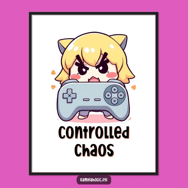 Funny Intense Gamer Poster: Cute Character Mashes Buttons, Quirky Decor