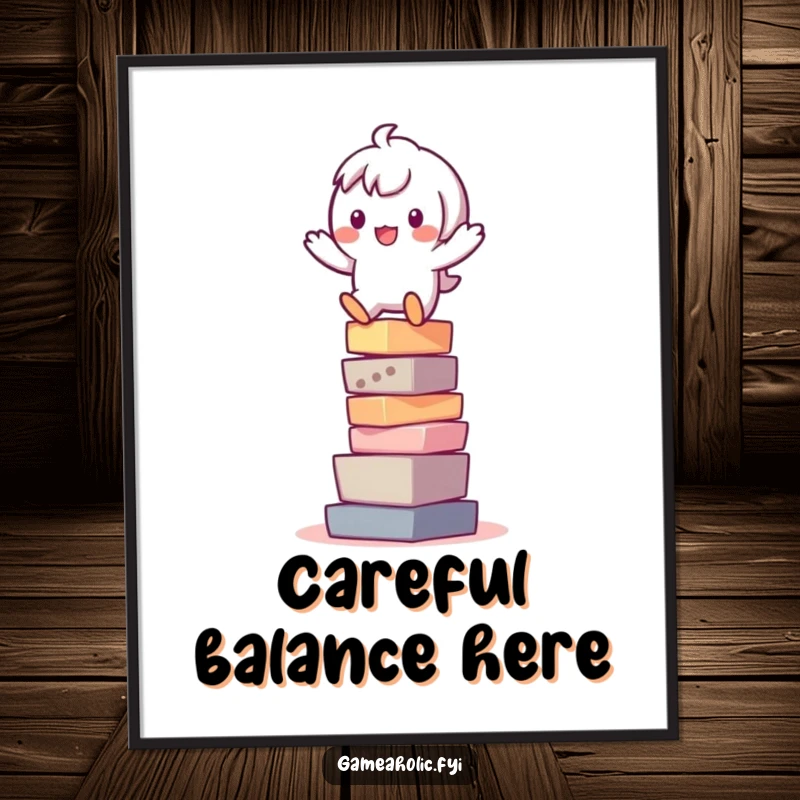 Funny poster illustrating a playful character wobbling on a tall stack of colorful pixels, celebrating digital challenges.
