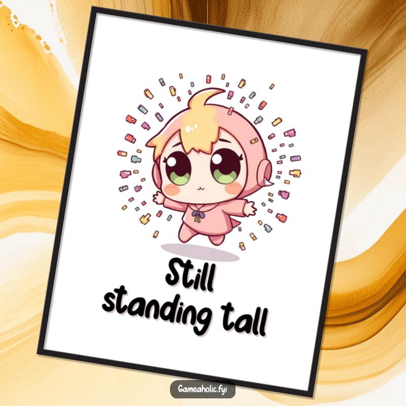 Funny Pixel Bullet Poster: A vibrant poster featuring a character with wide eyes dodging tiny pixelated bullets, perfect for retro gaming decor.