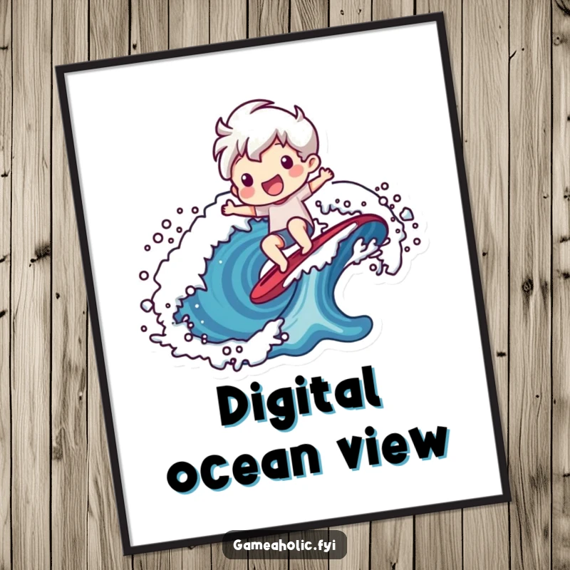 Funny poster artwork of a cheerful character riding a stylized, blocky pixelated wave, celebrating gaming.