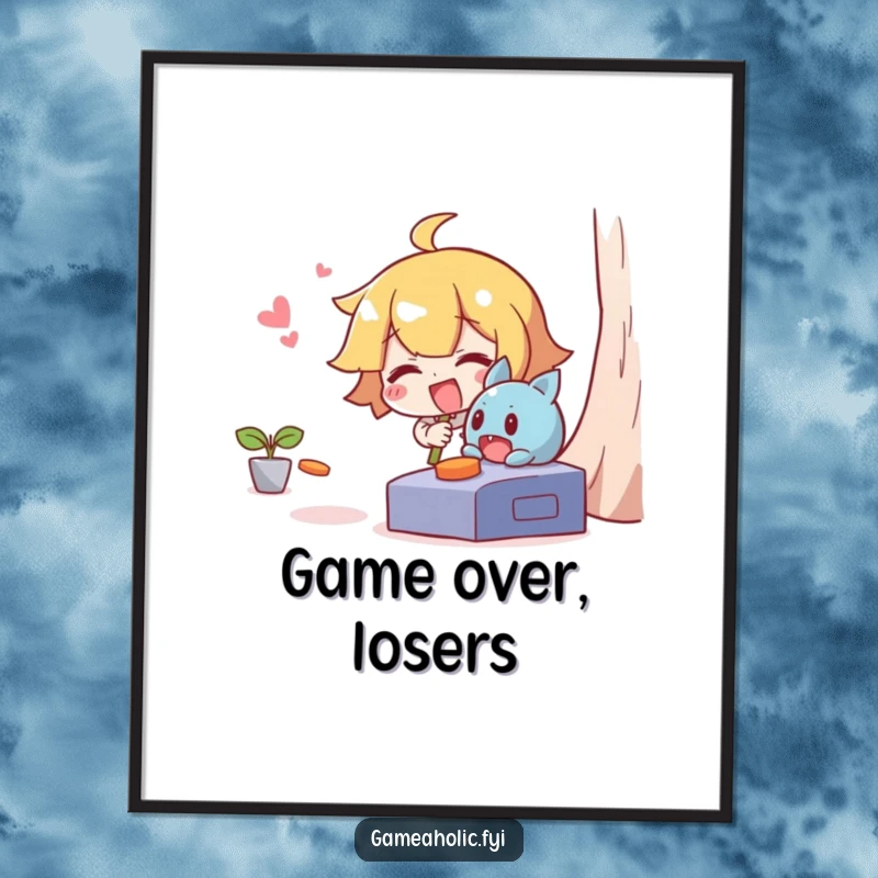 Funny poster art depicting a giggling character in hot pursuit of a mischievous character escaping from a video game.