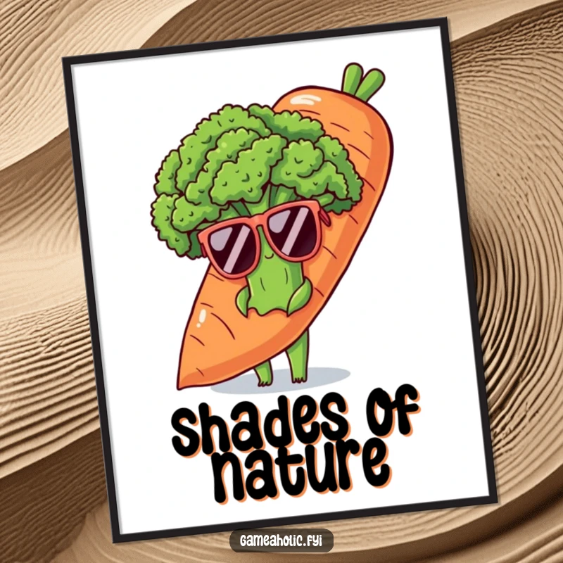 Funny art print of a shy broccoli stalk in oversized sunglasses, peeking from behind a giant carrot, symbolizing hidden coolness.