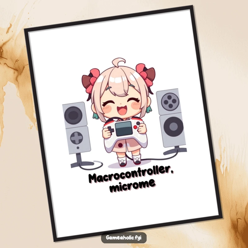 Funny Poster of a character gleefully holding a tiny, comically oversized game controller, adding a humorous and charming touch to any room.