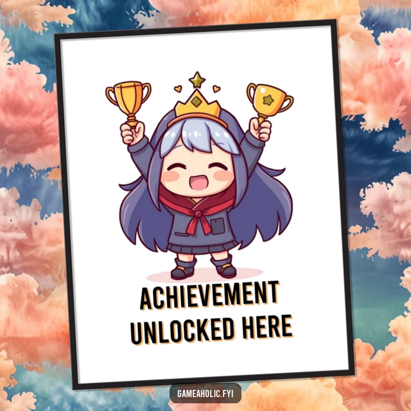 Funny Poster featuring a character exclaiming with joy over a tiny trophy, designed to inspire a funny sense of achievement.