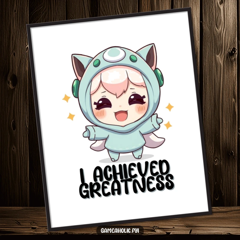 Funny poster art of a character with joyful eyes exuberantly celebrating a successful in-game maneuver, perfect for gamer decor.