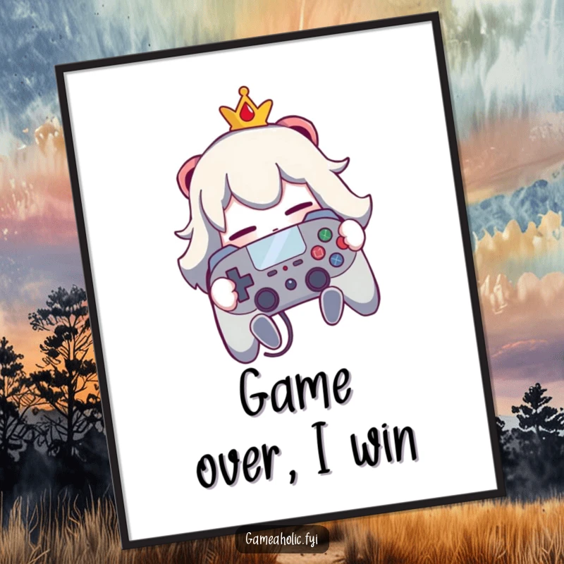 Funny poster art showing a character passionately hugging a video game controller, capturing gamer devotion.