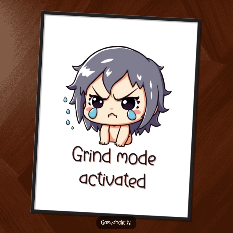 Funny Poster: Playful character intensely concentrated, sweat flying, capturing the raw energy of focused gaming.