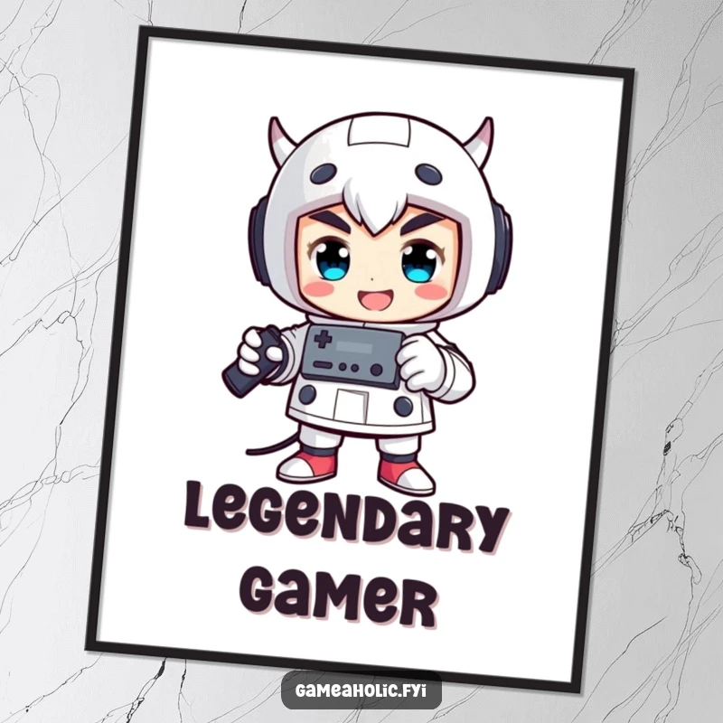 Funny poster art of a proud character striking a triumphant pose, holding a video game controller.