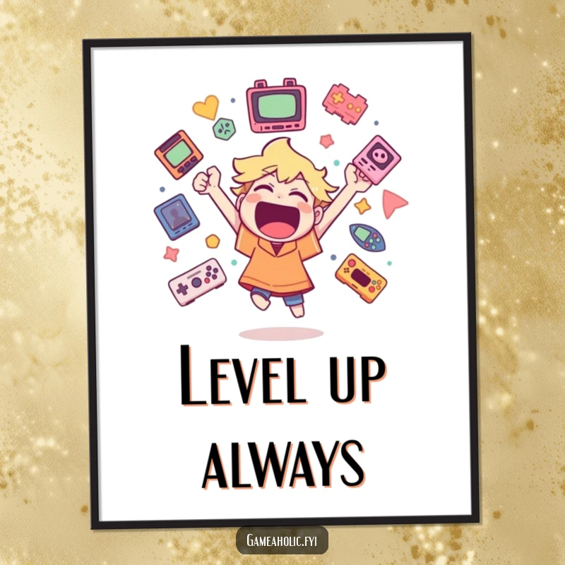 Funny poster of a character cheering wildly surrounded by floating game icons, a dynamic piece of gaming-themed wall art.