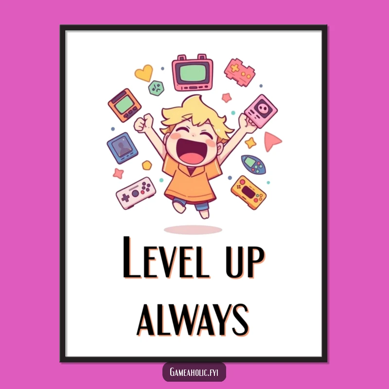 Funny Gamer Poster: Wildly Cheering Character with Game Icons, Epic Wall Art