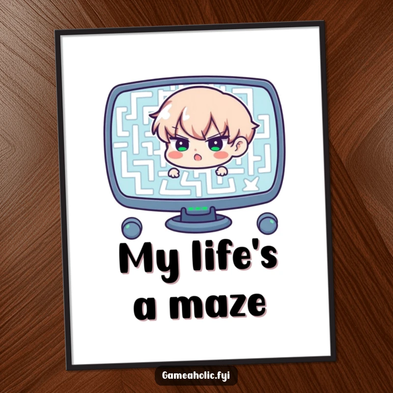 Funny poster art of a determined character focused on navigating a complex digital maze on a screen, perfect for motivational decor.