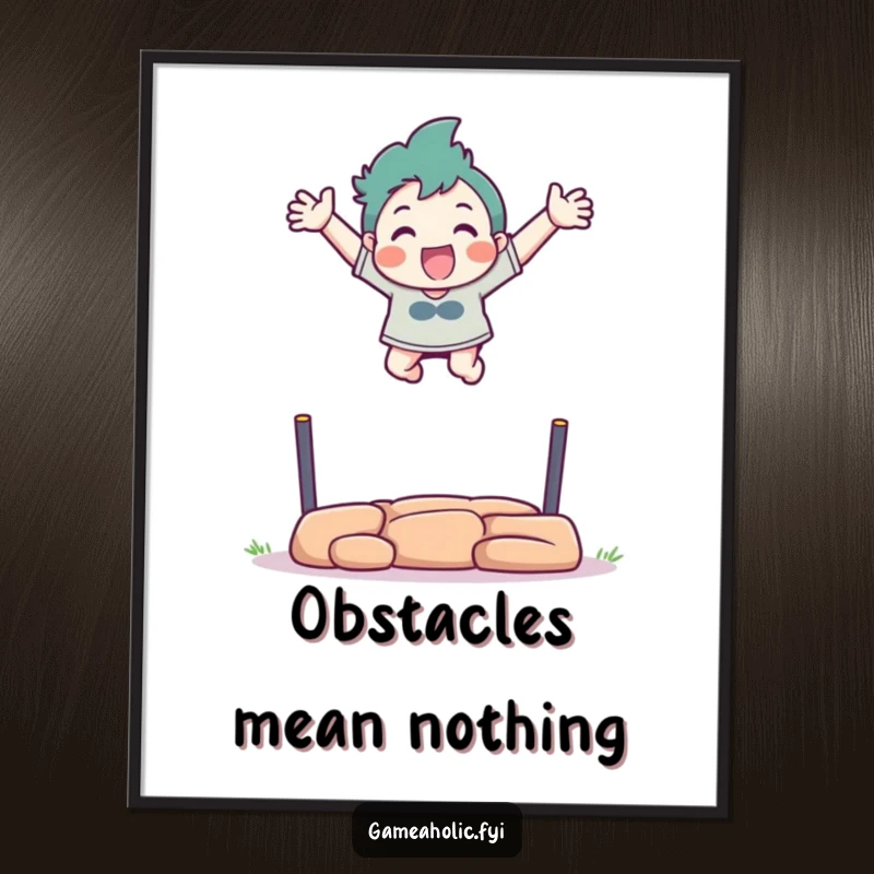 Funny poster of a character excitedly leaping over a virtual obstacle with arms outstretched.