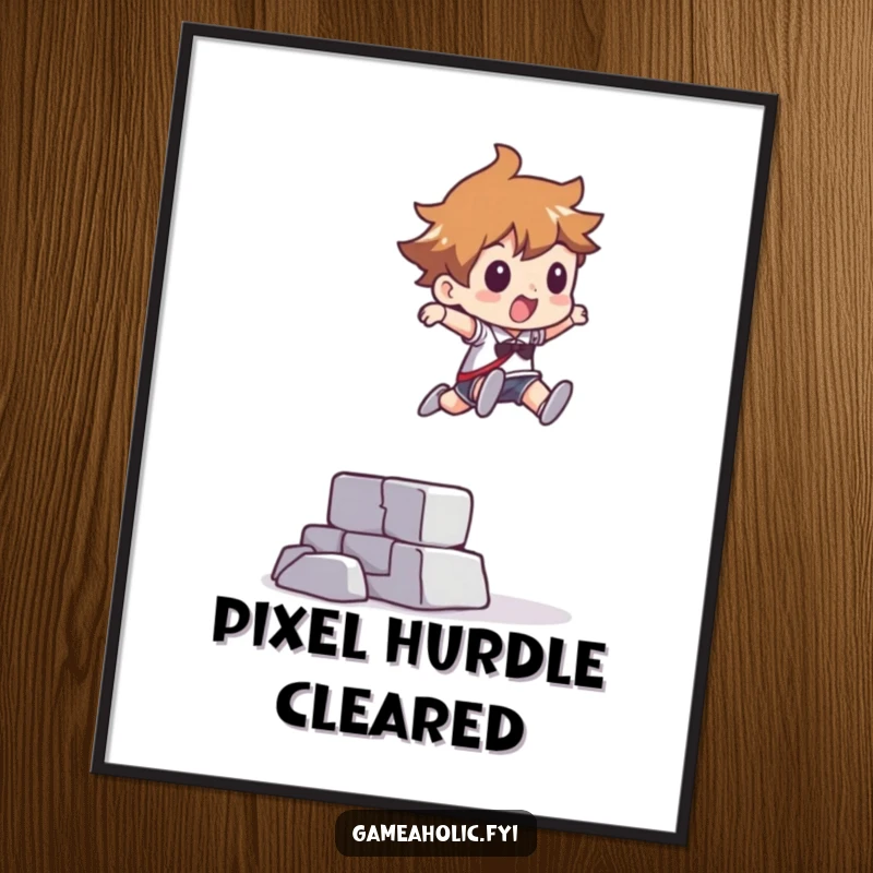 Funny poster featuring a character leaping over an abstract pixelated obstacle, symbolizing overcoming challenges and visual dynamism.