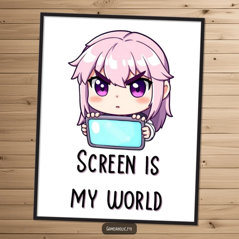 Funny poster art depicting a gamer character with determined eyes intensely staring at a glowing screen.