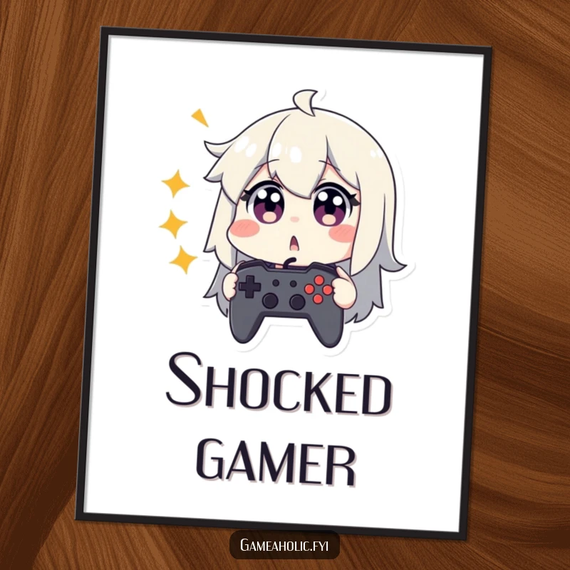 Funny poster showing a character with wide, surprised eyes, clutching a game controller in a moment of shock.